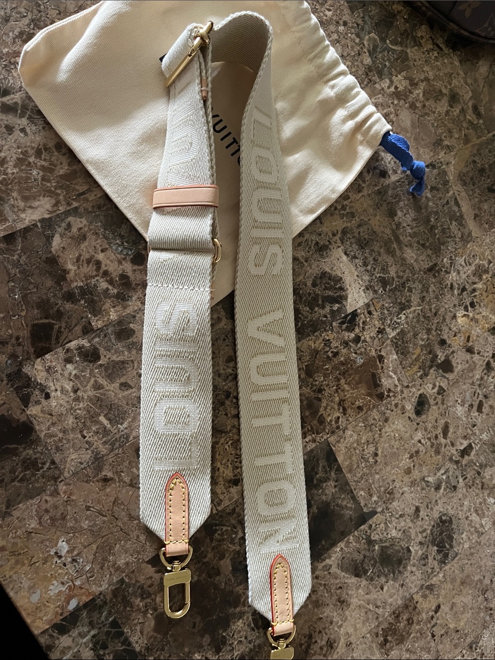 New Louis Vuitton Cream Jacquard Logo Shoulder Strap with Gold Hardware